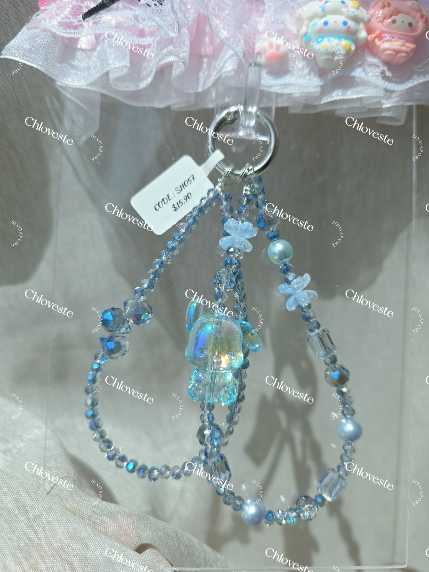 (SH057) Blue transparent Pocha phone strap