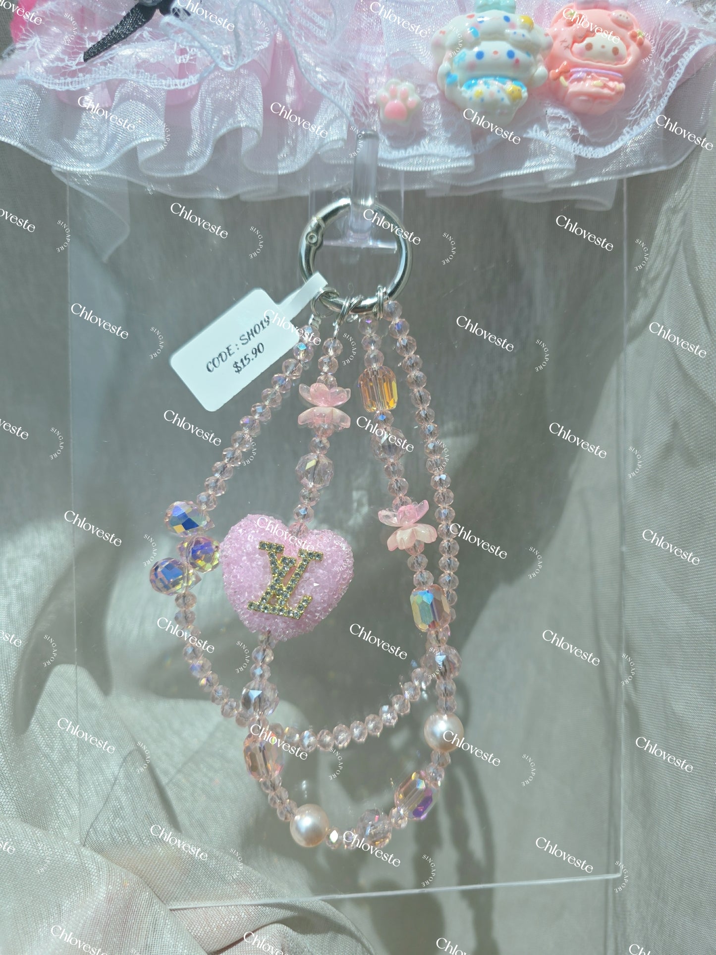 (SH019) Pink LV Heart Phone Strap