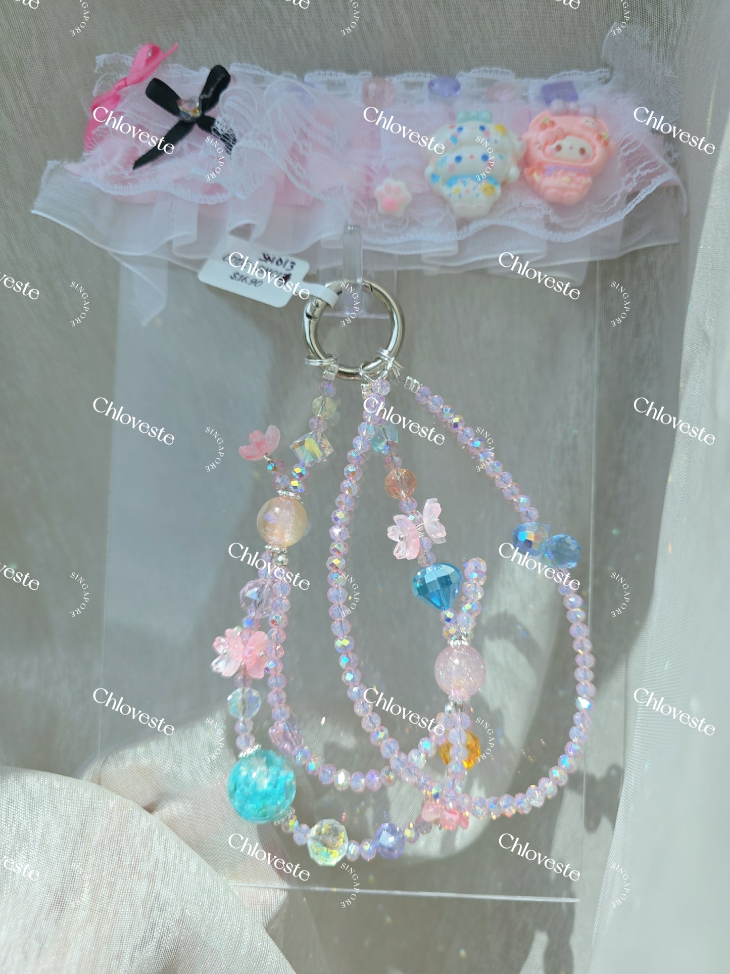 (SH013) Pink x blue flake bead with flower phone strap