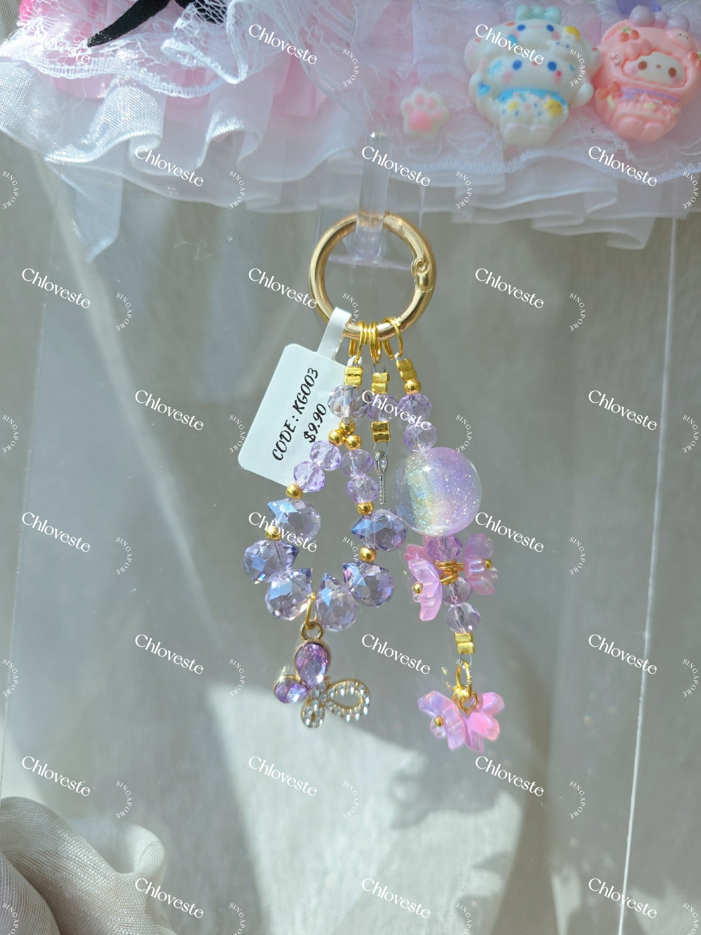 (KG003) Purple flower Heidi bead with butterfly keychain