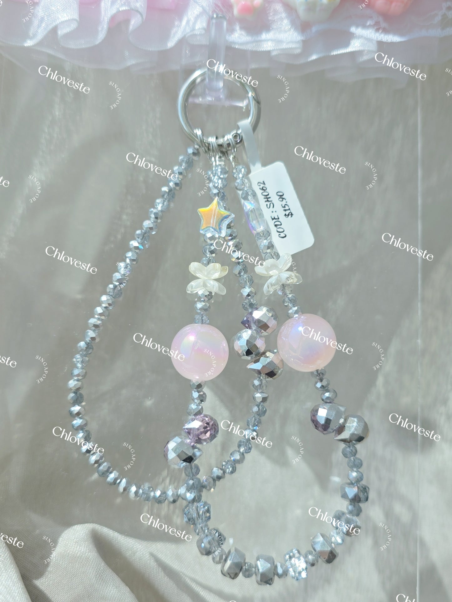 (SH062) Silver pink phone strap