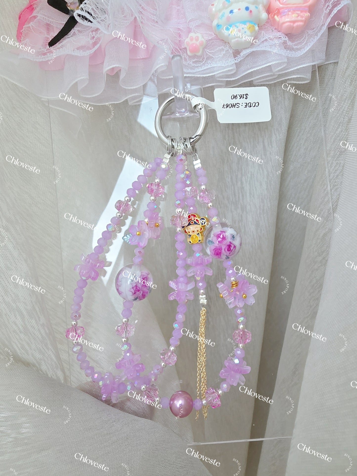 (SH067) Purple flower rose and 'Cai Shen Ye' phone strap