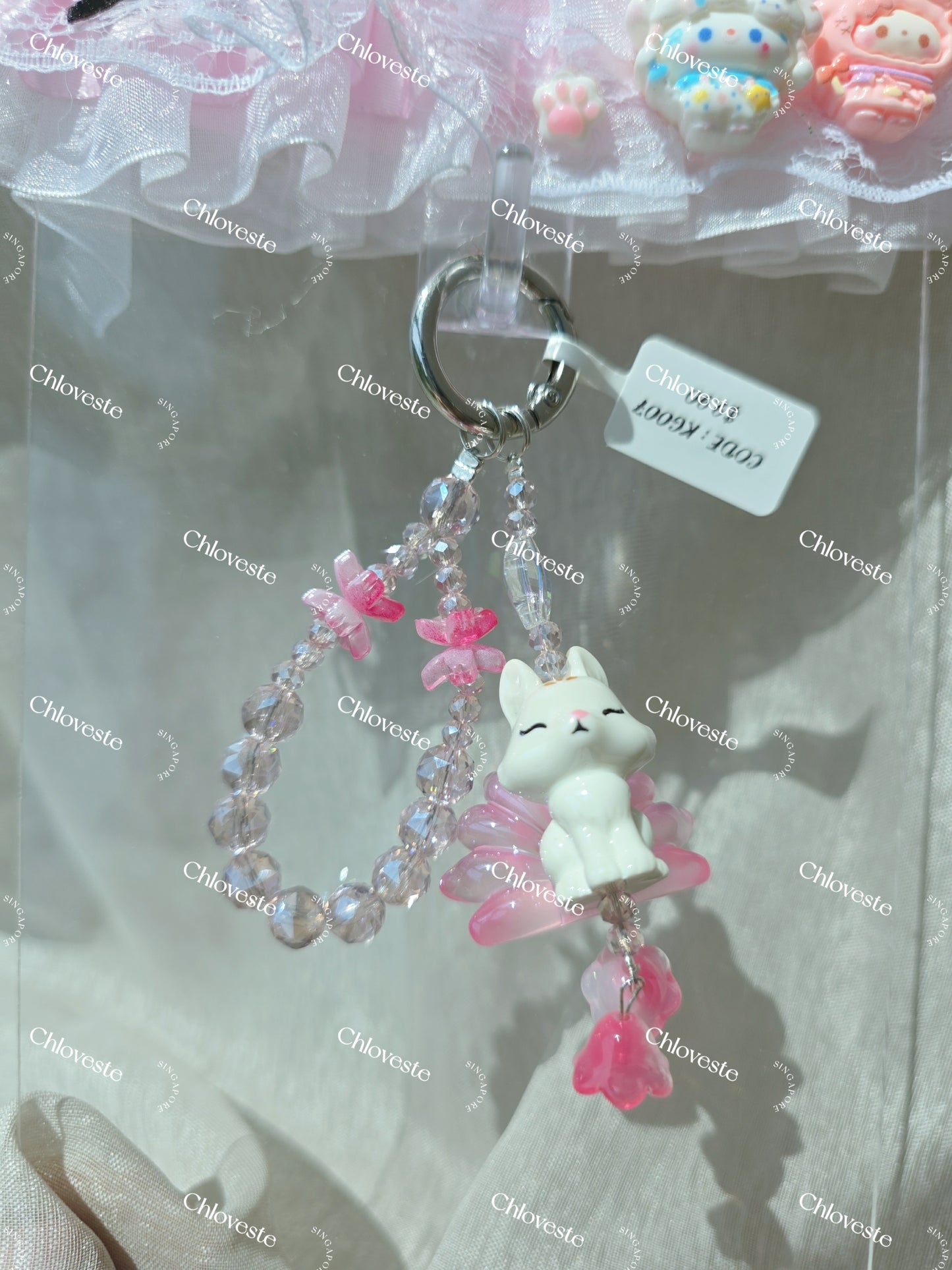 (KS007) Pink 9 tail fox keychain