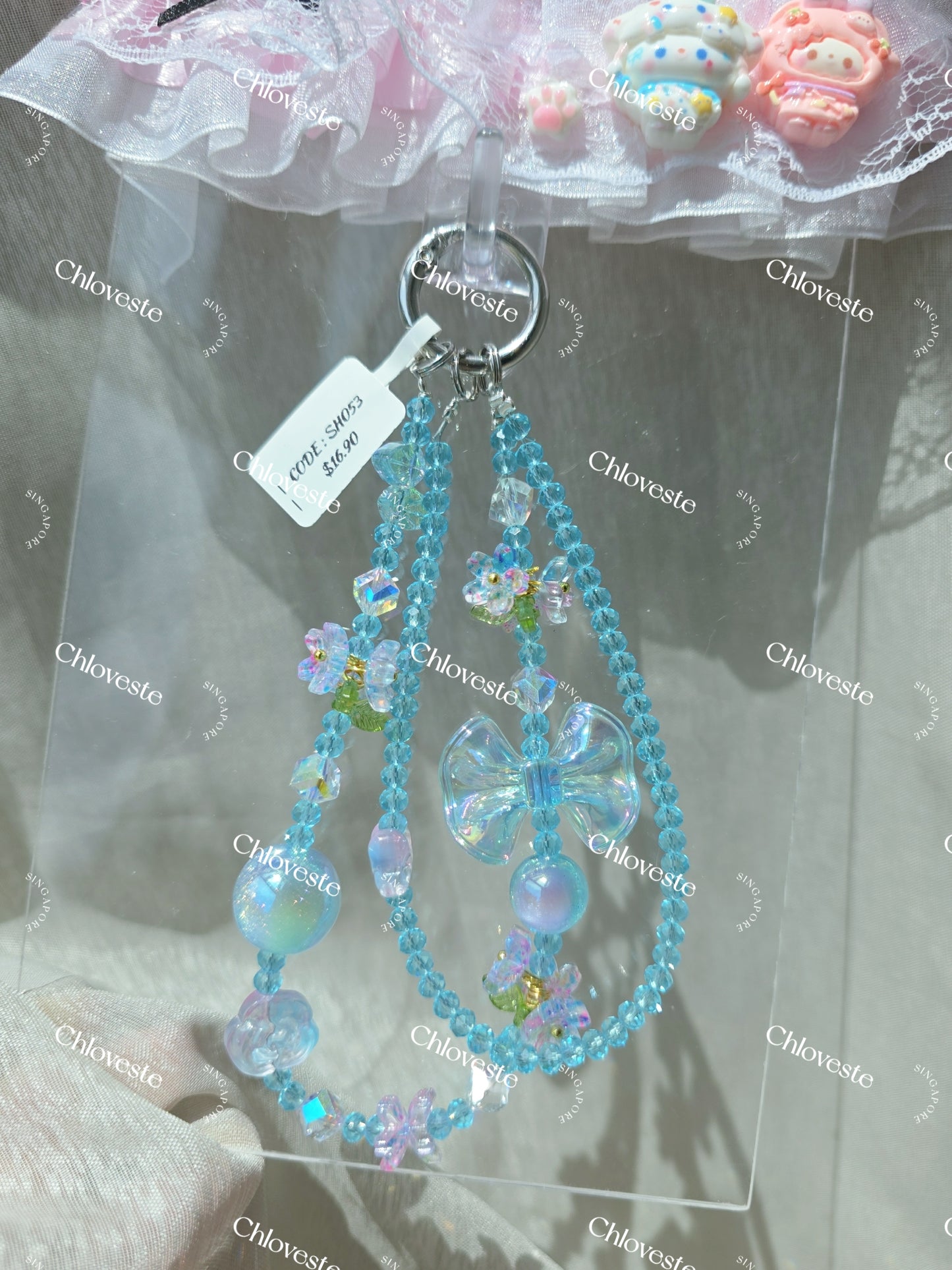 (SH053) Blue ribbon bow with flower phone strap