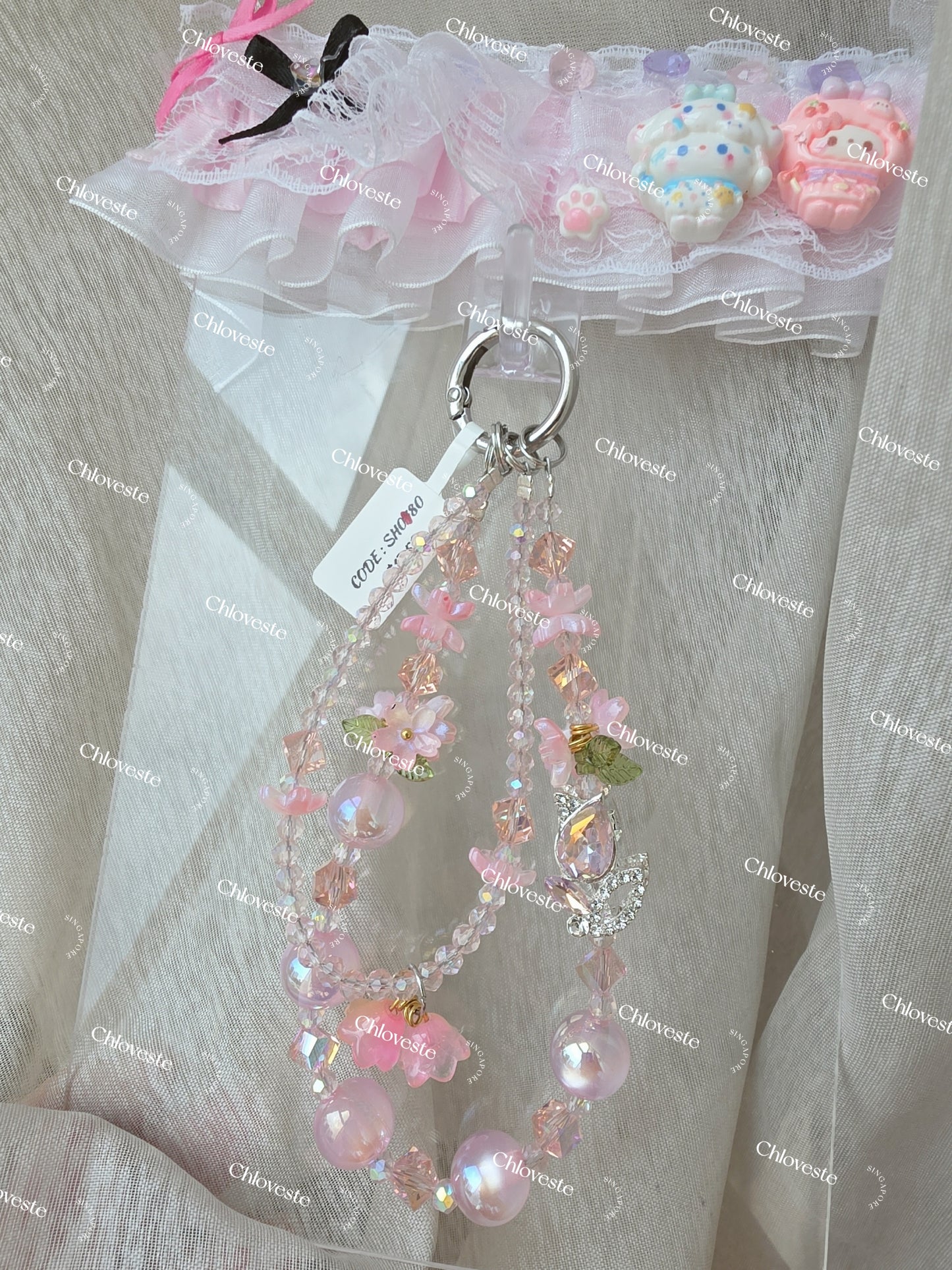 (SH080) Pink flower with swam blink phone strap