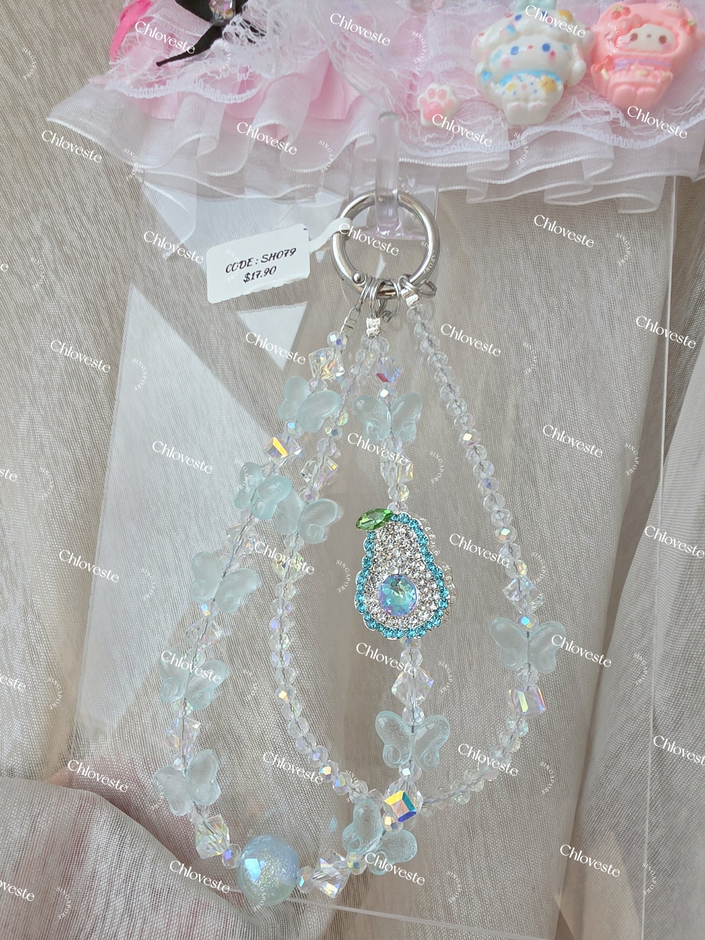 (SH079) Blue pear blink butterfly phone strap