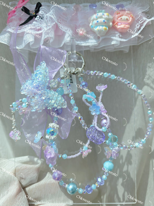 (SH001) Blue x purple blink butterfly with flower phone strap