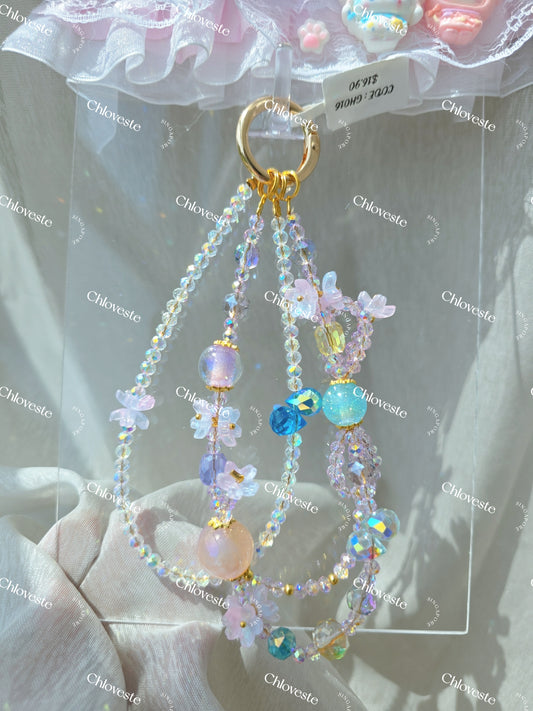 (GH016) Blue x purple flower pot bead phone strap