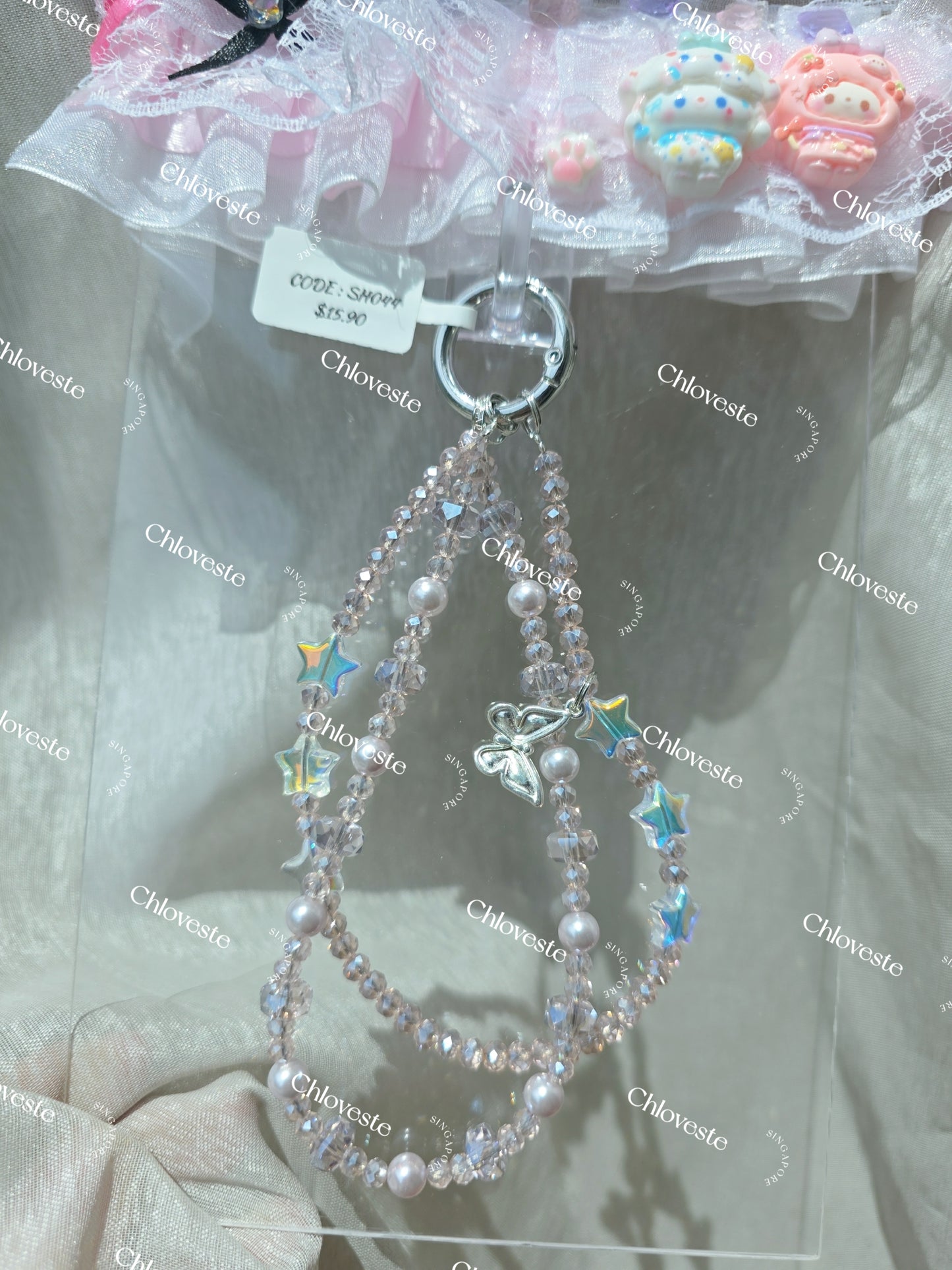 (SH044) Dangling Butterfly with Pink Phone Strap