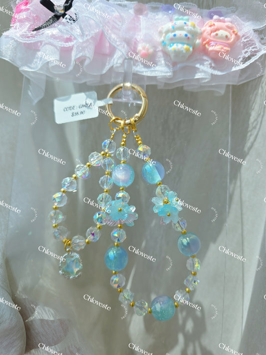 (GH018) Blue flower with heidi beads phone strap