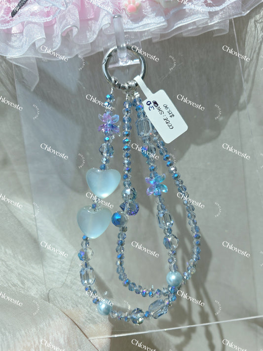 (SH030) Double blue cateye heart phone strap