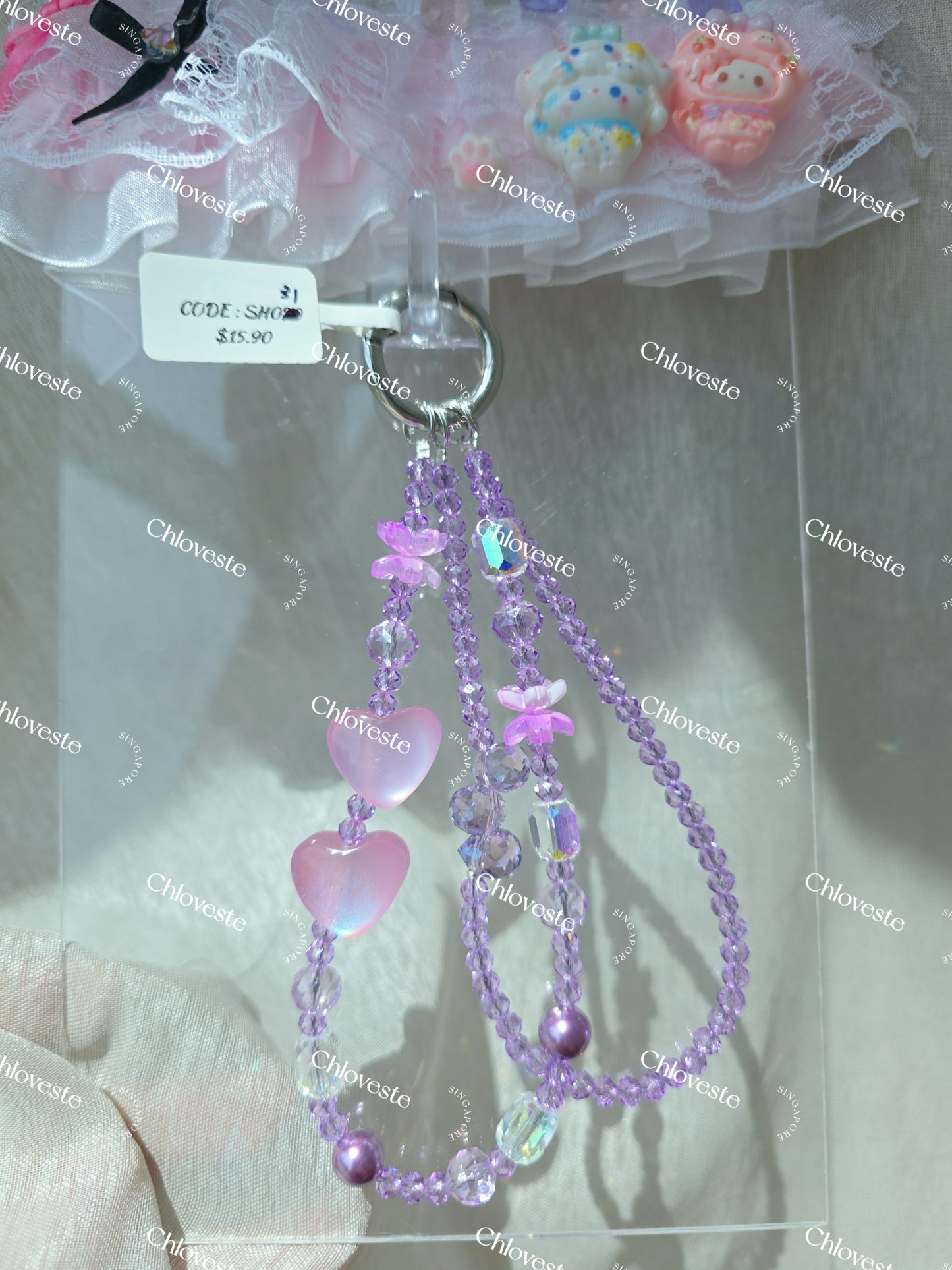 (SH031) Double cat eye heart phone strap