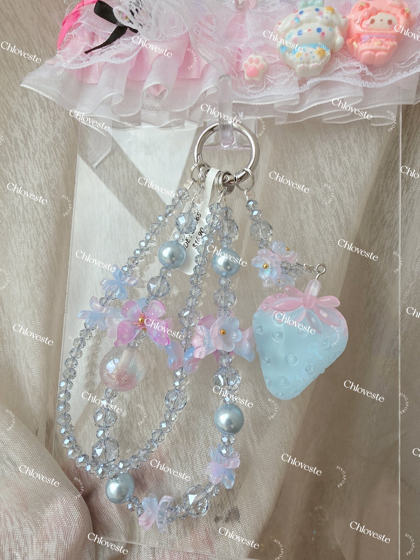 (SH065) Blue pink strawberry butterfly flower phone strap