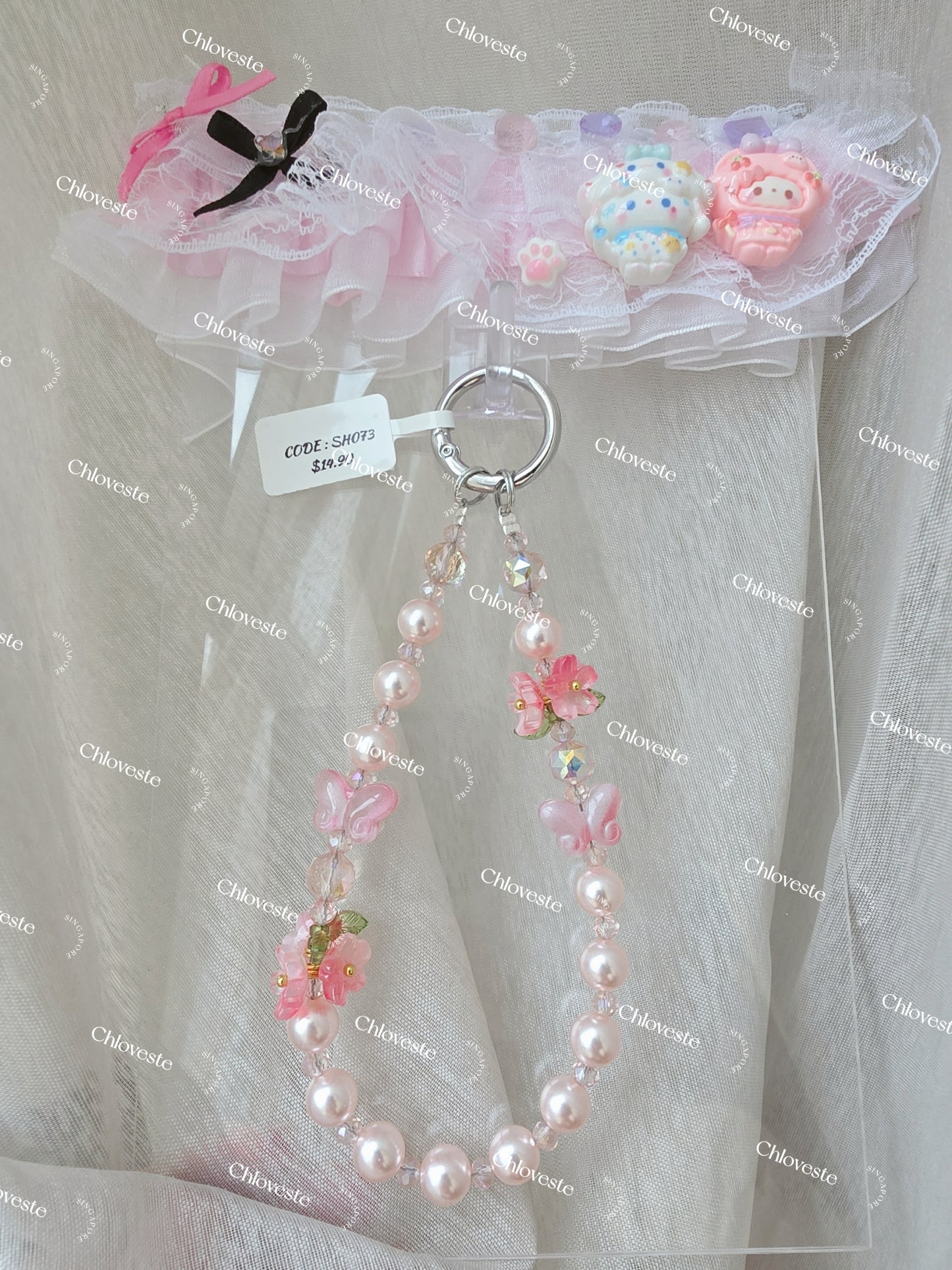 (SH073) Pink butterfly flower phone strap