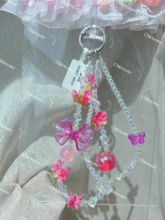 (SH054) Deep pink ribbon with flower phone strap