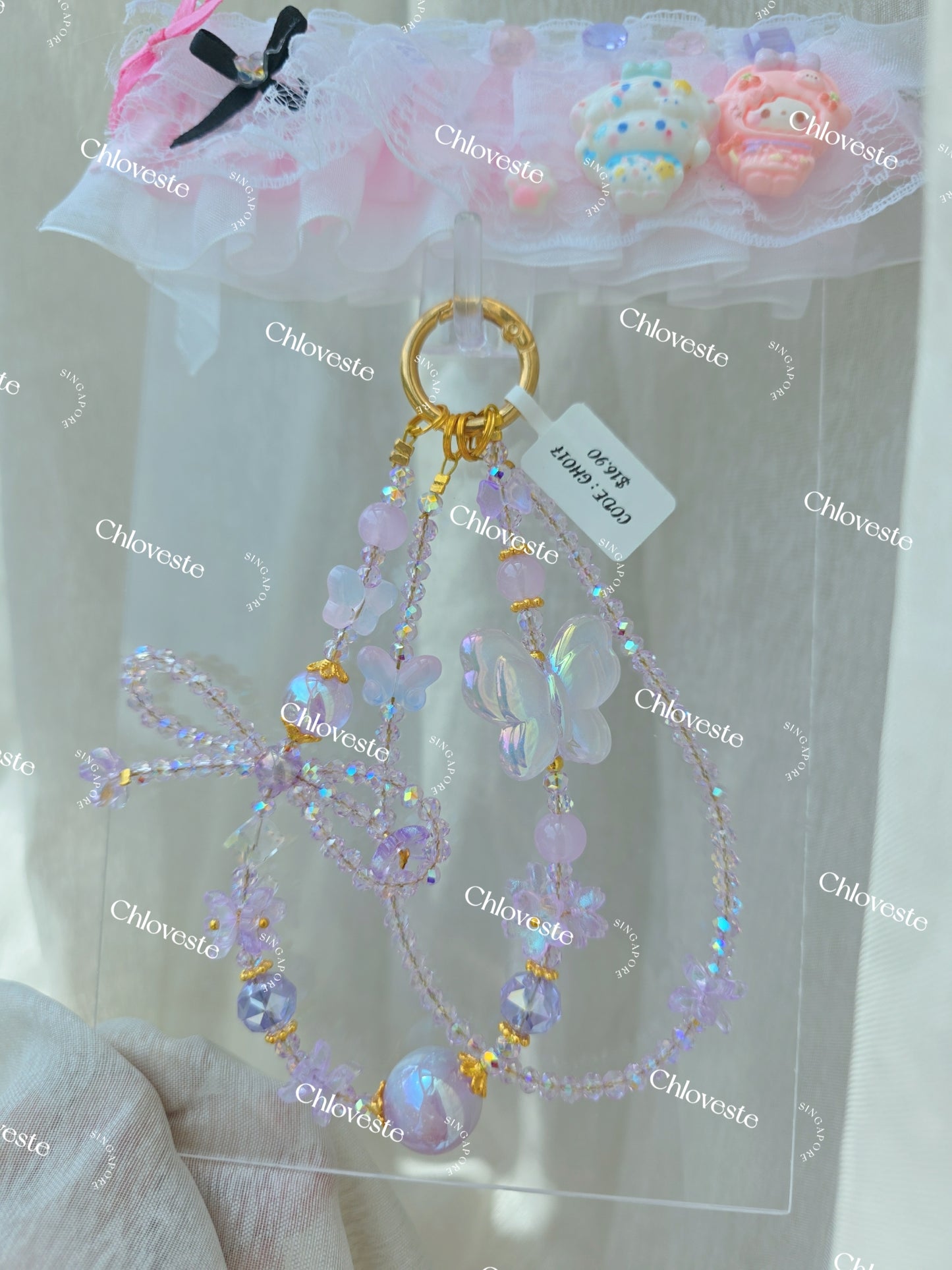 (GH017) Purple butterfly with ribbon phone strap