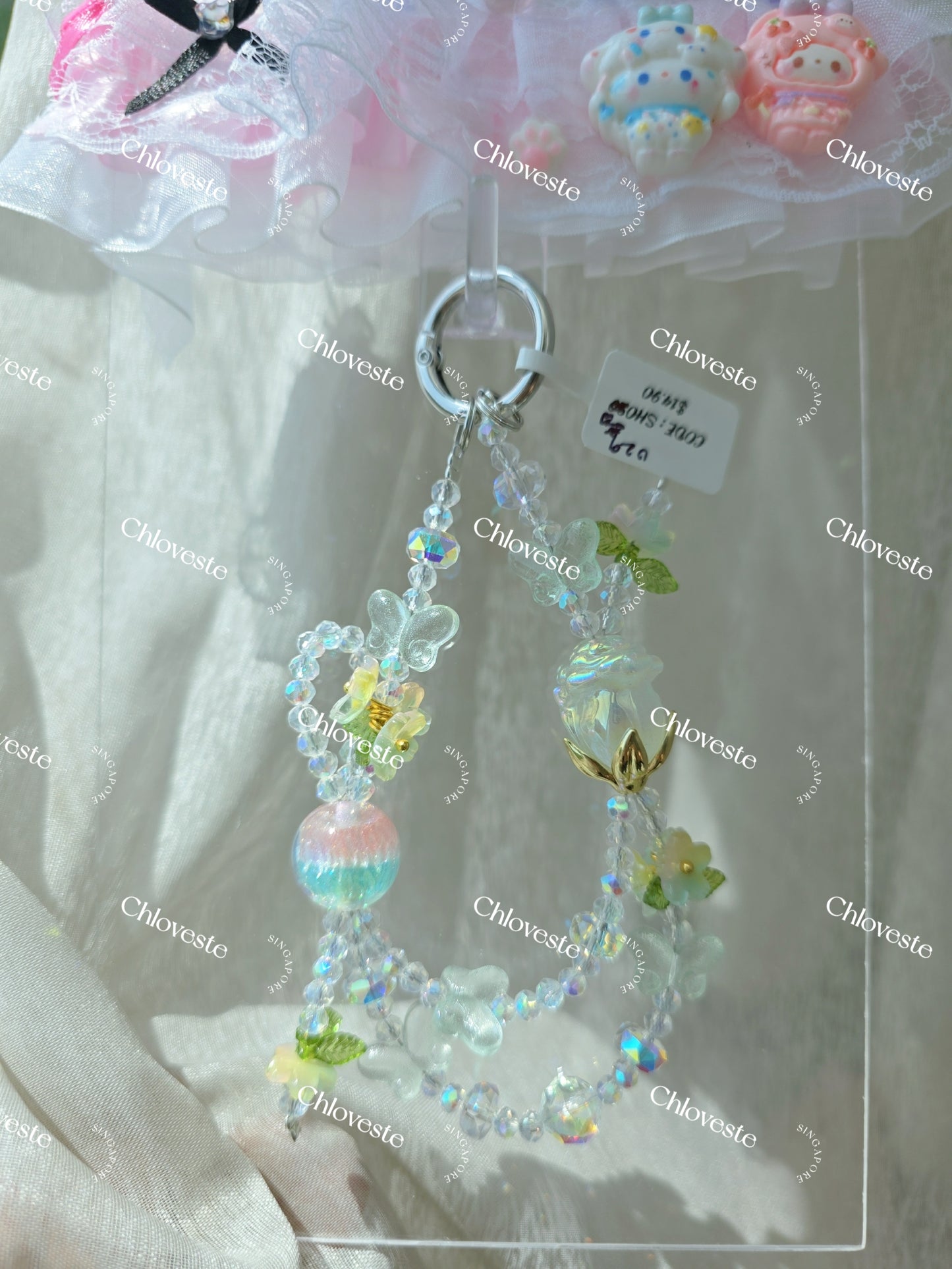 (SH029) White rose with Butterfly phone strap