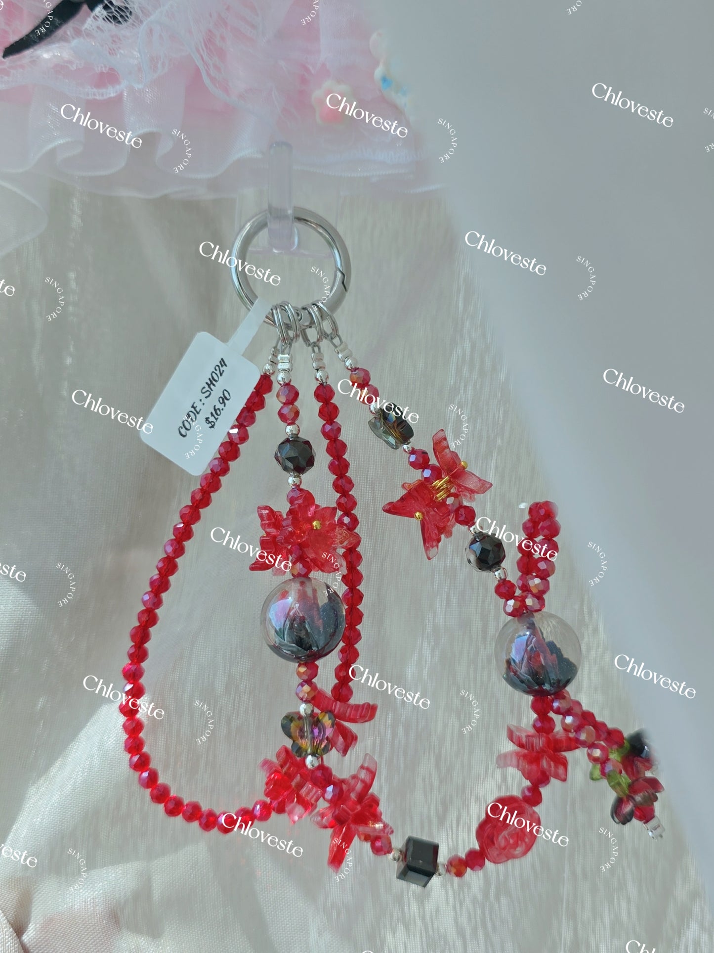 (SH024) Black x red flower phone strap