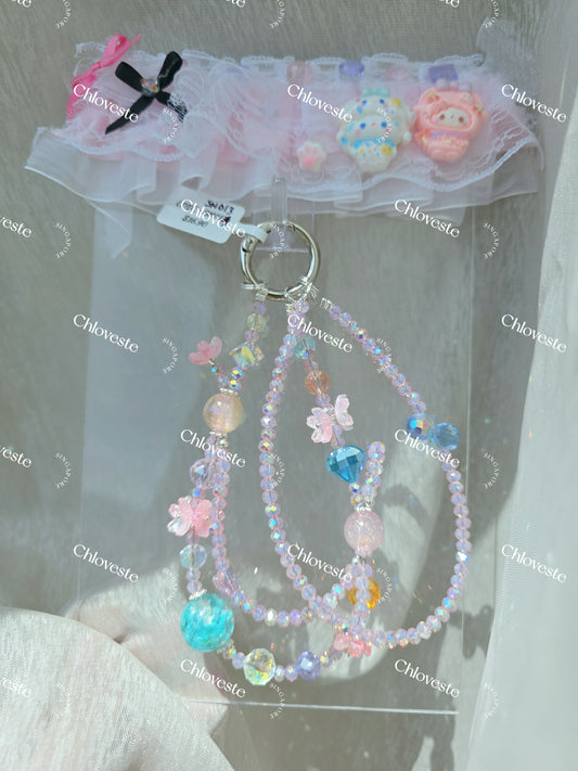 (SH013) Pink x blue flake bead with flower phone strap