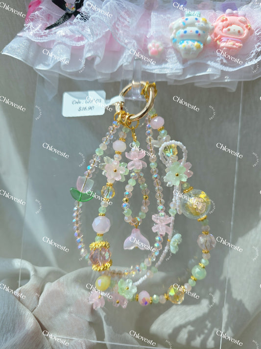 (GH003) Green x pink flower and mermaid tail phone strap