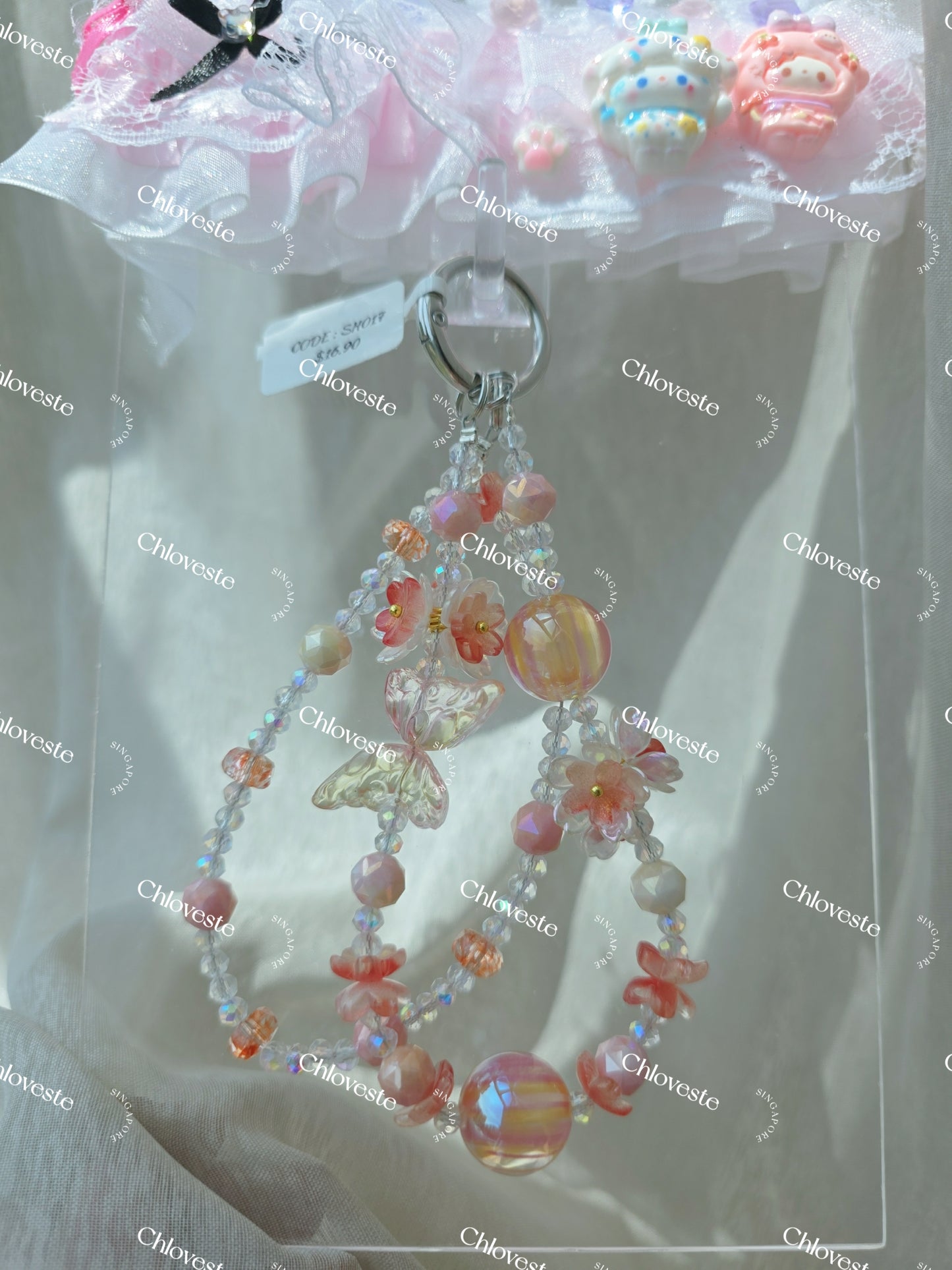(SH017) Peachy pink butterfly flower phone strap