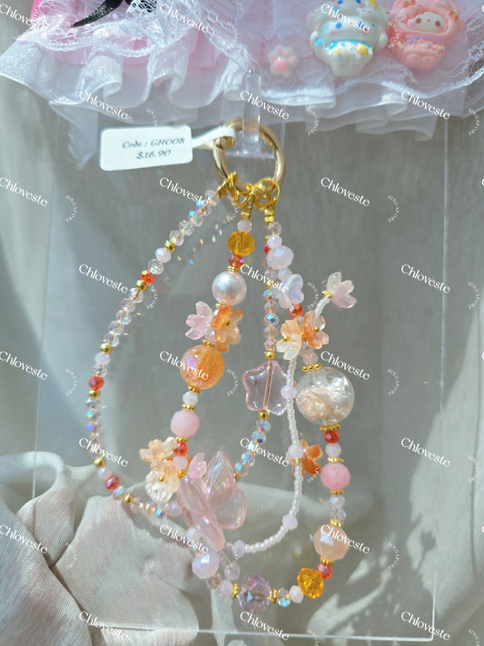 (GH008) Peachy pink red butterfly star with rose bead phone strap