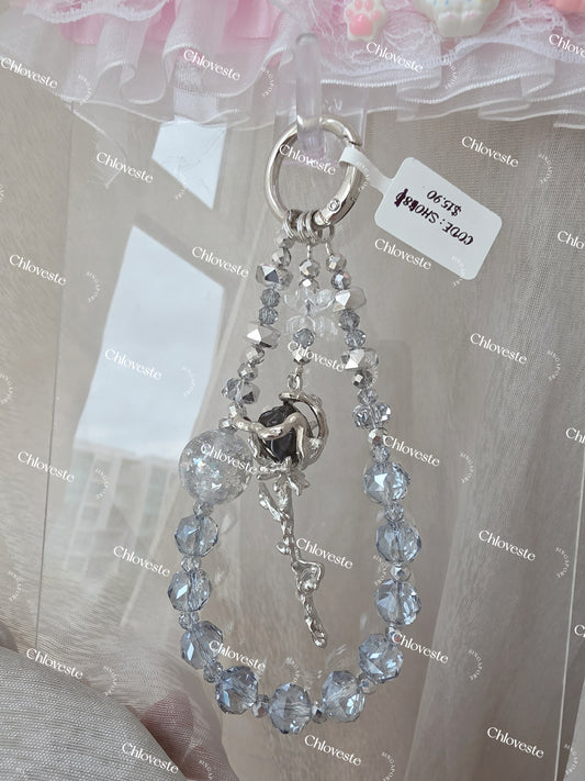 (SH081) Silver blue rose phone strap