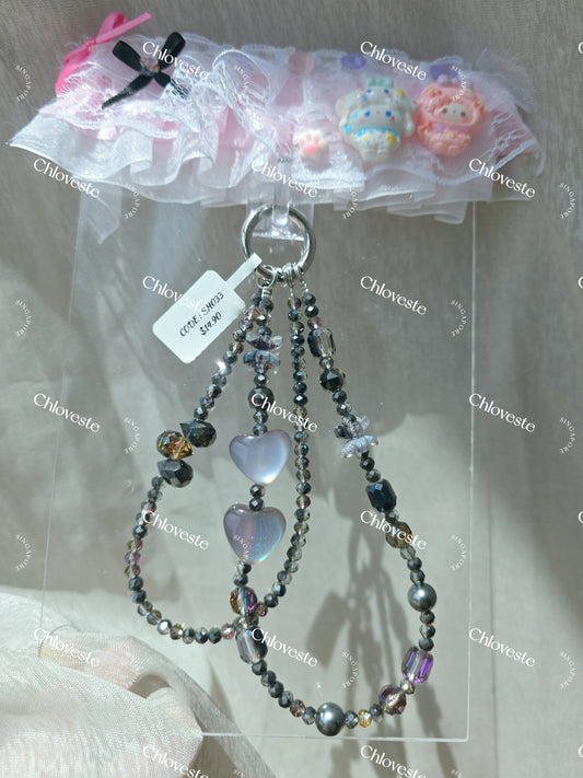 (SH033) Double black cat eye heart phone strap