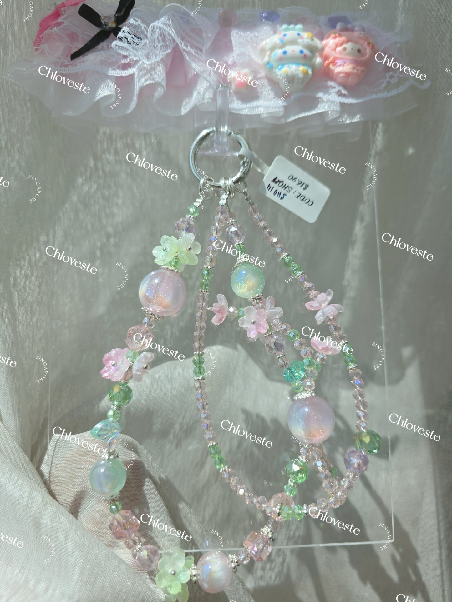 (SH014) Green floral pink garden pot phone strap