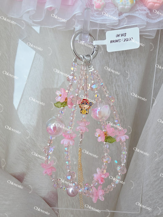 (SH068) Pink rose flower with 'Cai Shen Ye' phone strap