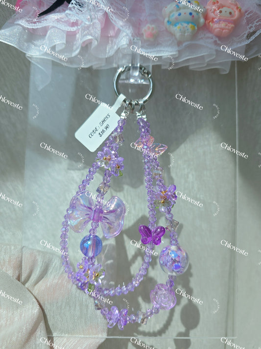 (SH055) Purple ribbon bow with butterfly phone strap