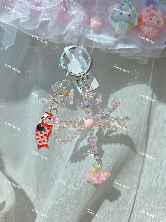 (KS011) Pink ribbon flower with koi keychain