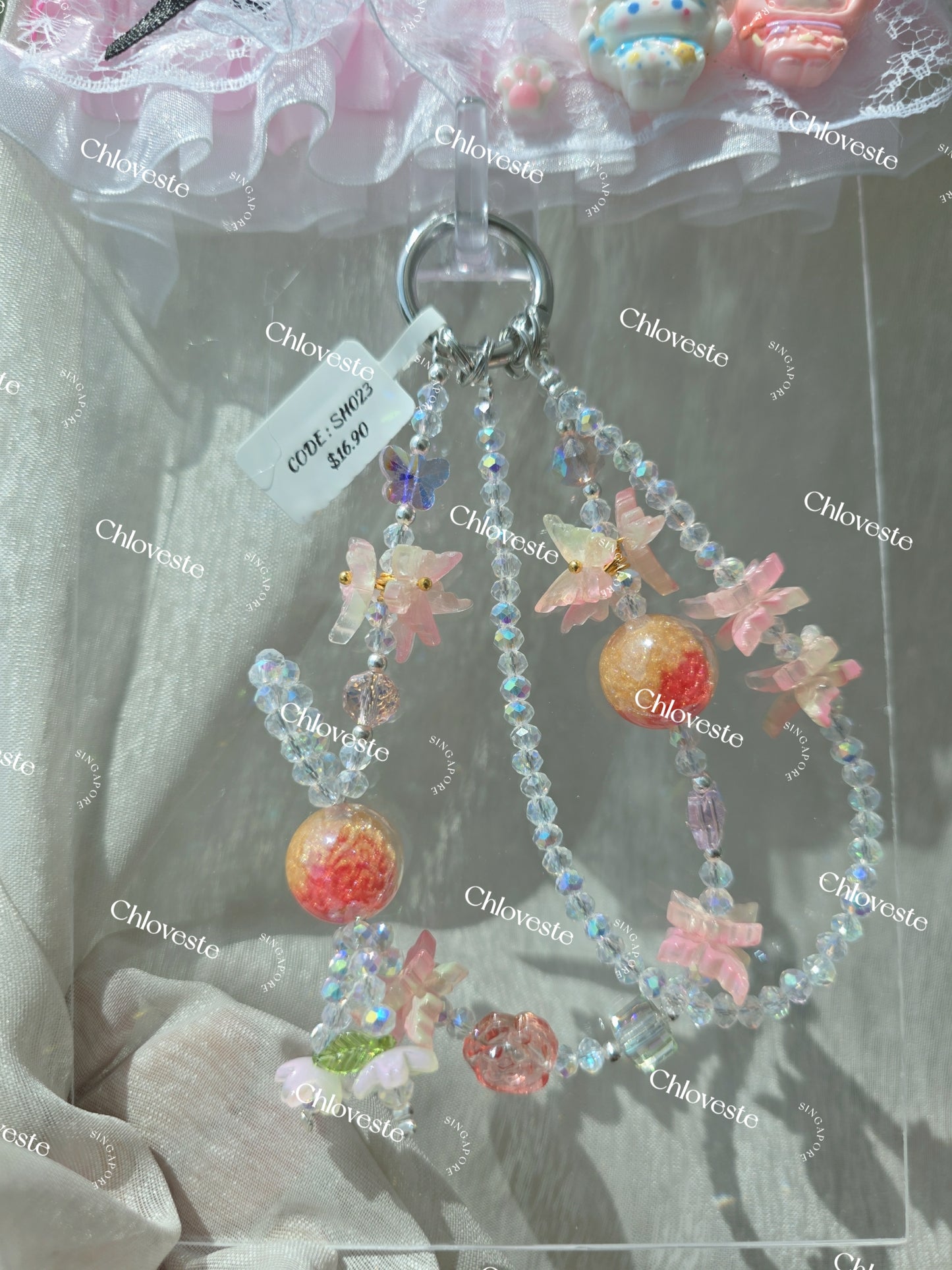 (SH023) Peachy pink flower phone strap
