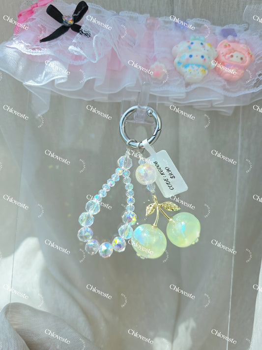 (KS006) Milky white with green cherry keychain