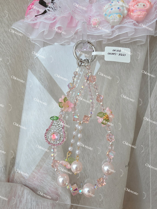 ( SH070 ) Pink floral paired with pink pear blink phone strap