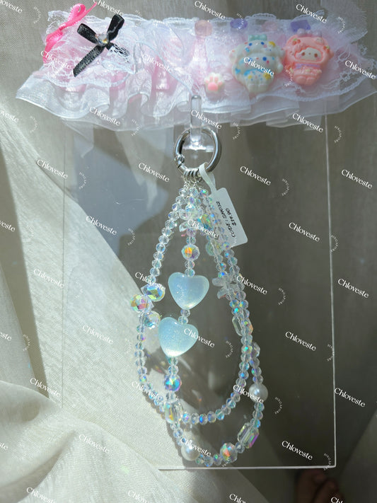 (SH032) Double white cat eye hearts phone strap