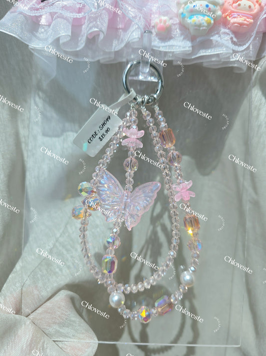 (SH049) Pink Butterfly Phone Strap