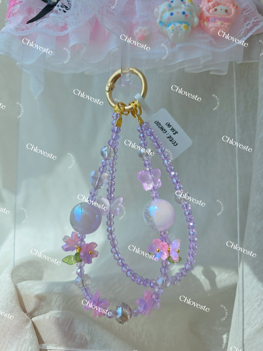 (GH020) Purple flower with butterfly phone strap