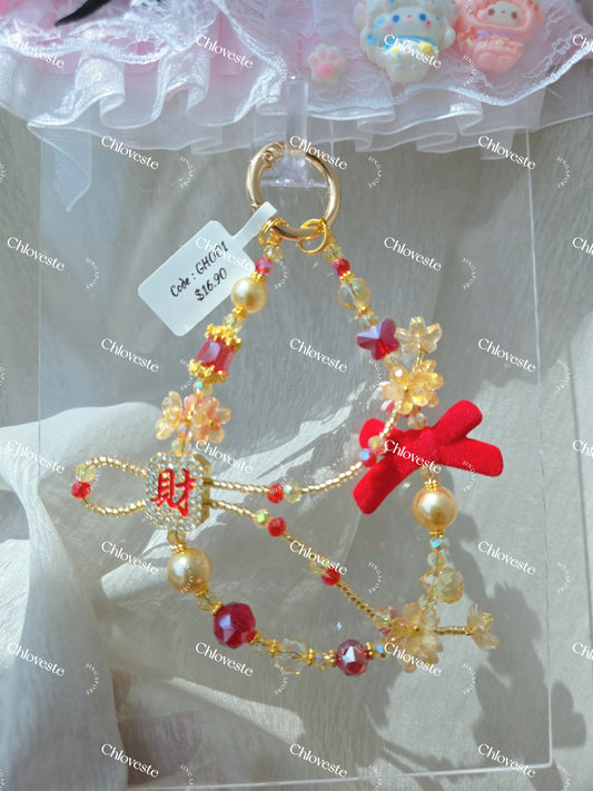 (GH001) Red x butterfly gold ribbon with ' CAI ' phone strap